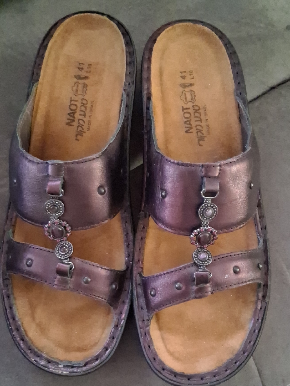 Naot Purple Metallic Leather Embellished Slip On Sandals Size EU 41